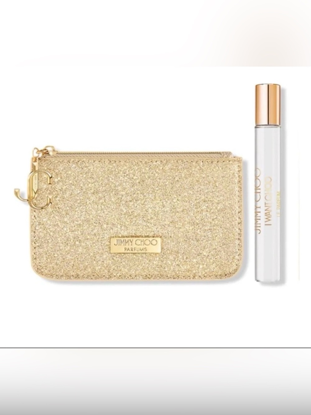 Jimmy Choo GlitterShimmery Gold Pouch and I Want Choo Travel Spray